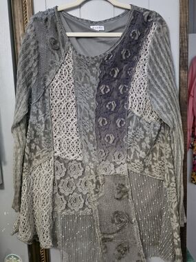 Adore Mixed Lace & Knit Patchwork Crewneck Sweater in Gray and Charcoal